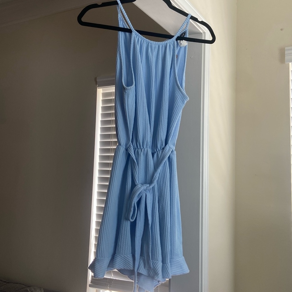 Caution To The Wind Blue Halter Neck Tie Back Romper